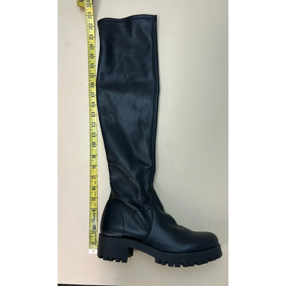 Mercante di Fiori Tall Black Boot Lug Sole Ankle Zip‎ Light Stretch Calf, 38/7.5